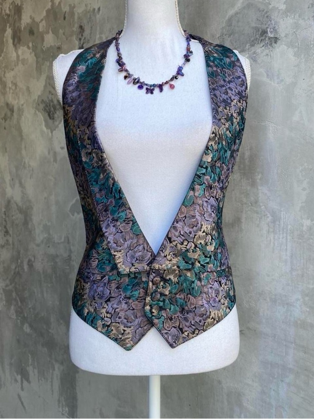 Vintage 80s Metallic Brocade Floral Vest